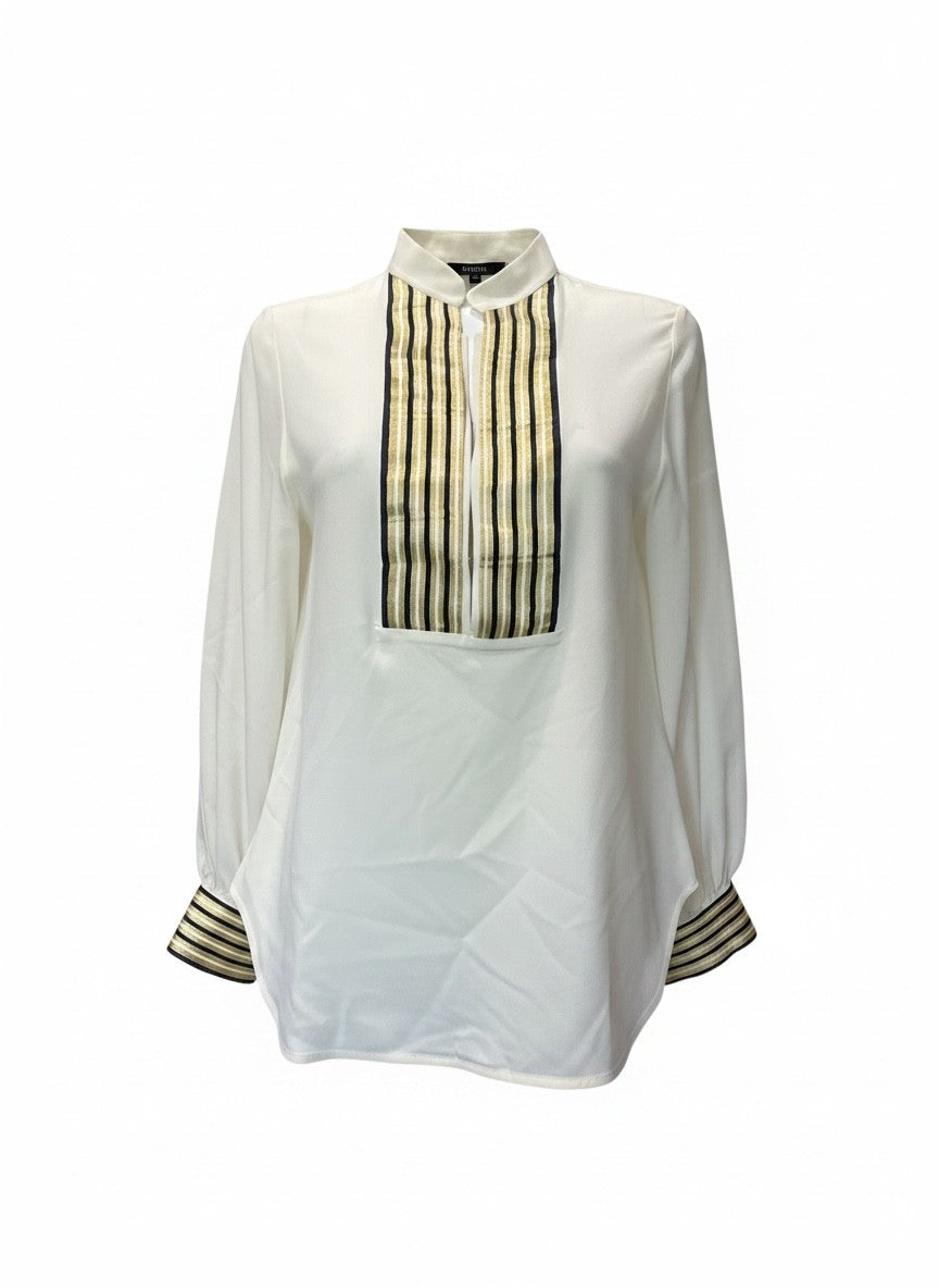 Zeus + Dione White Blouse with Blue & Gold Detail – Size 38