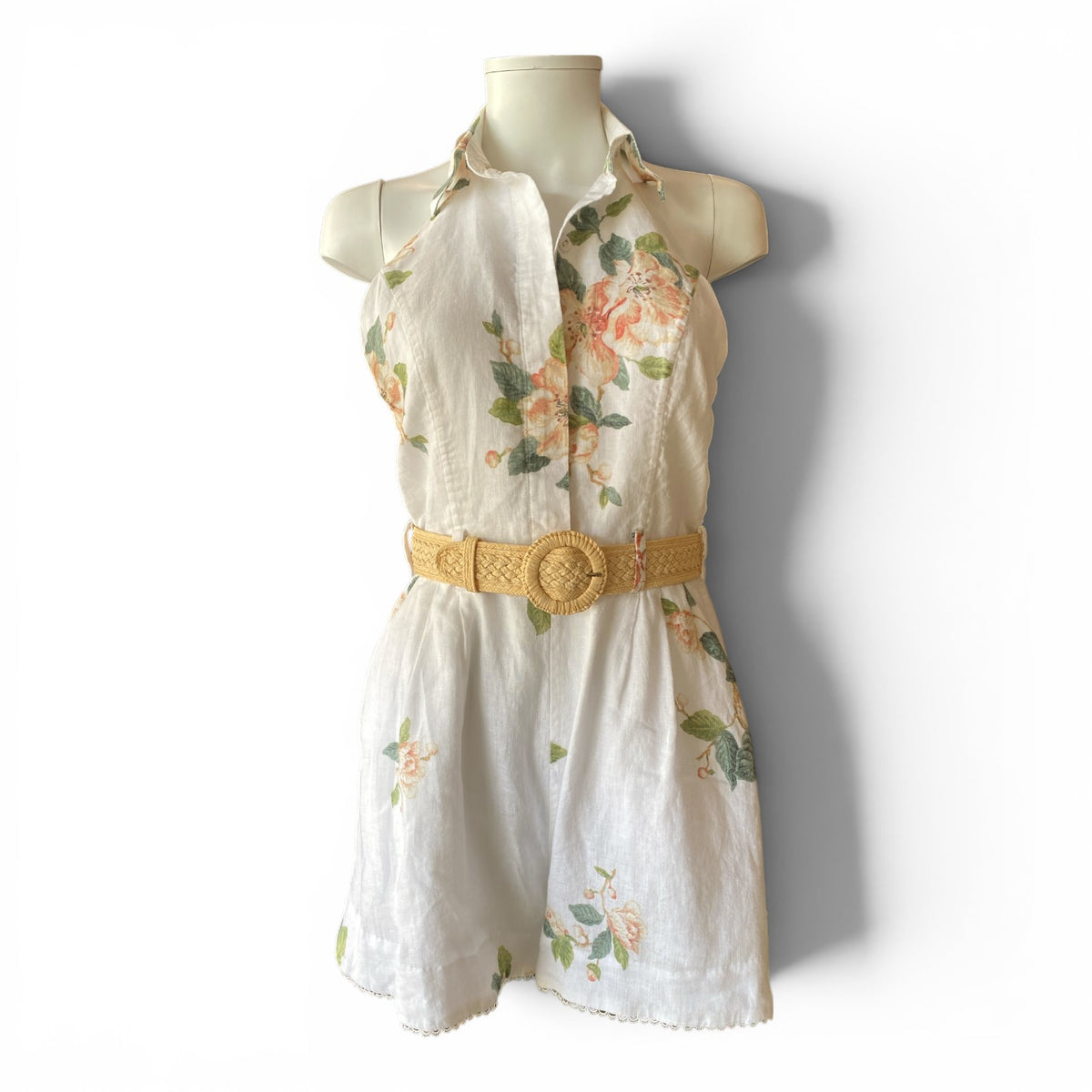 Zimmermann Kirra Halterneck Linen Playsuit – White Floral – Size 1