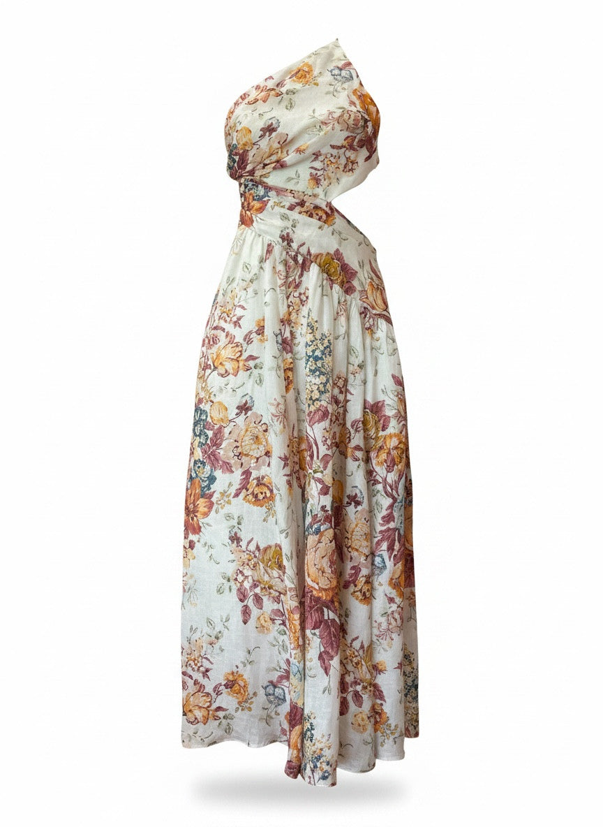 Zimmermann Pattie Floral One-Shoulder Midi Dress – Romantic Linen Bohemian Dress – Size 1