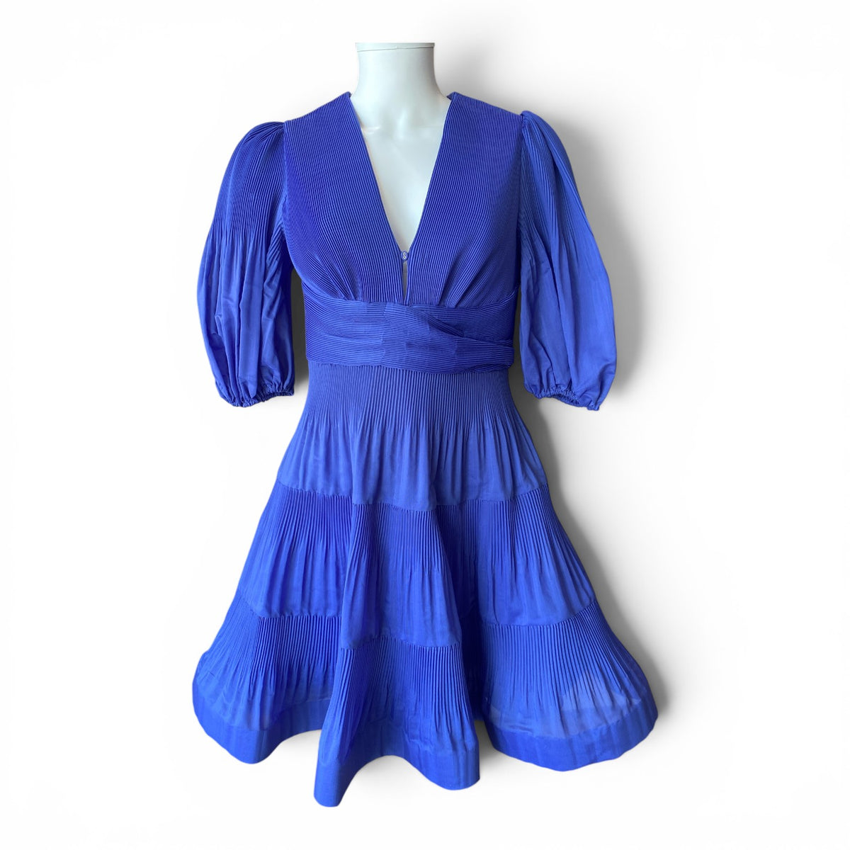 Zimmermann Raie Tiered Plissé-Organza Mini Dress – Blue – Size 2