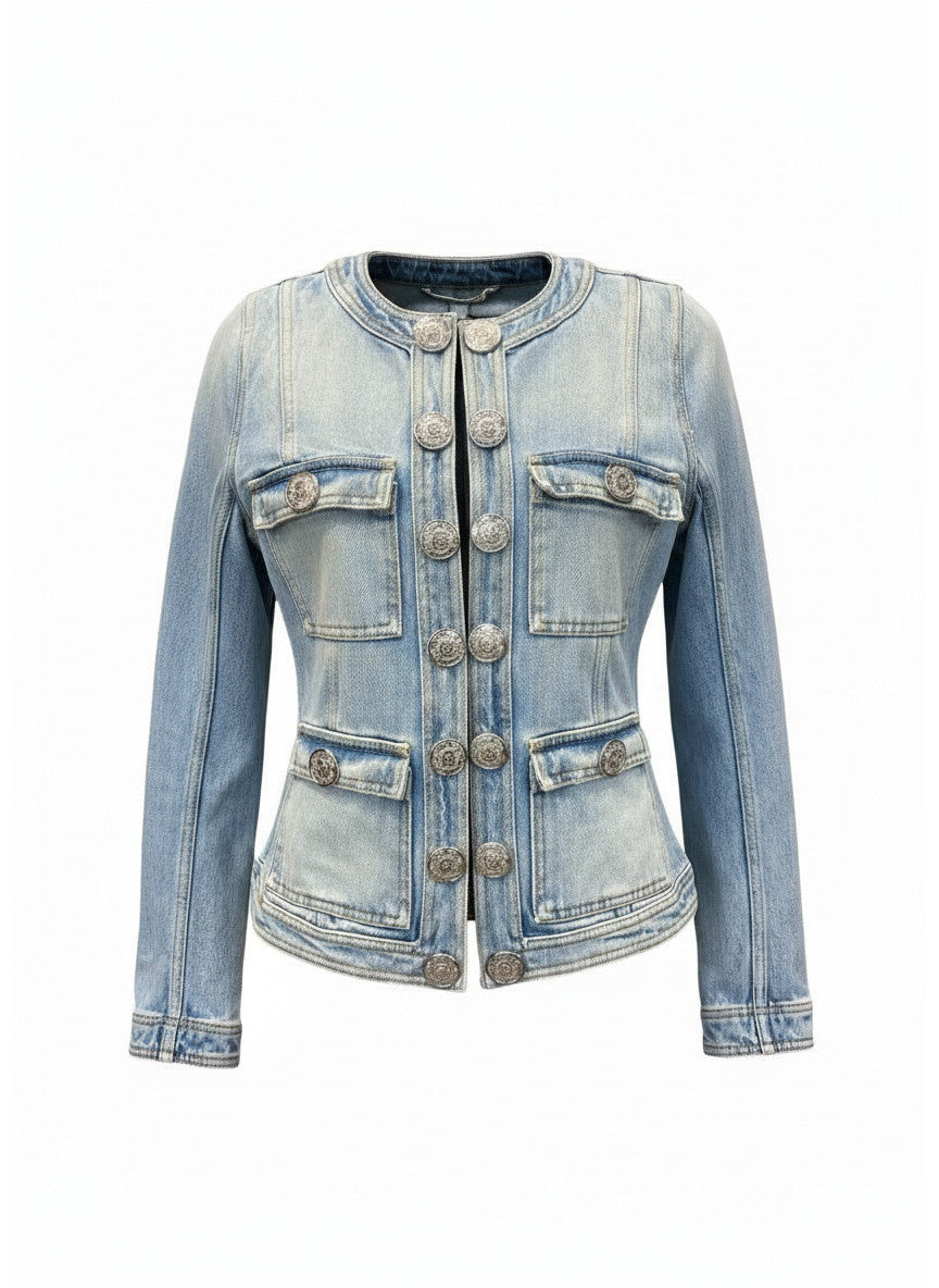 Balmain Collarless Denim Jacket Light Blue – Size 36