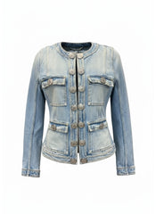 Balmain Collarless Denim Jacket Light Blue – Size 36