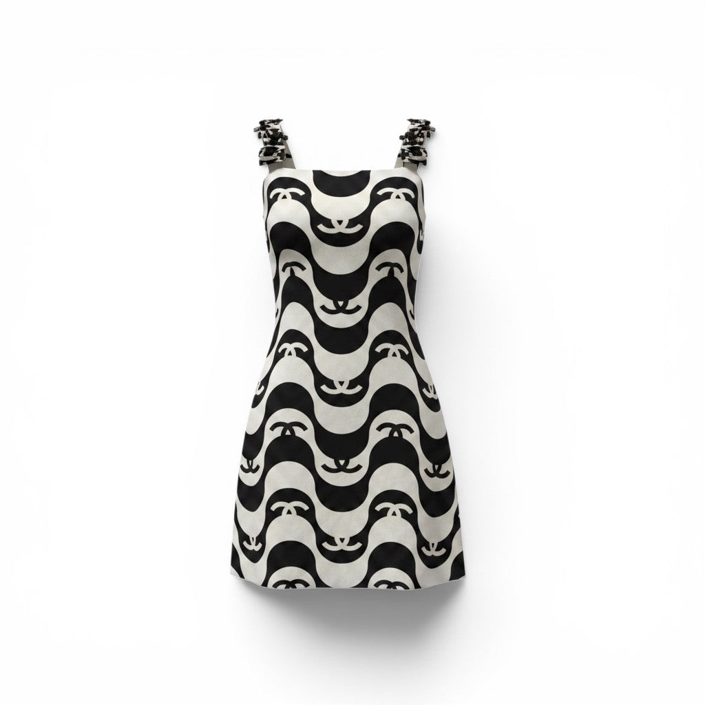 Chanel 21P Silk Dress CC Wave Print Ecru Black – Size 36 | Iconic Collector Piece