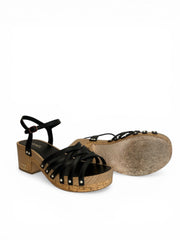 Sandalias de cuña Chanel de piel negra con plataforma de corcho, lujo de verano - Talla 41