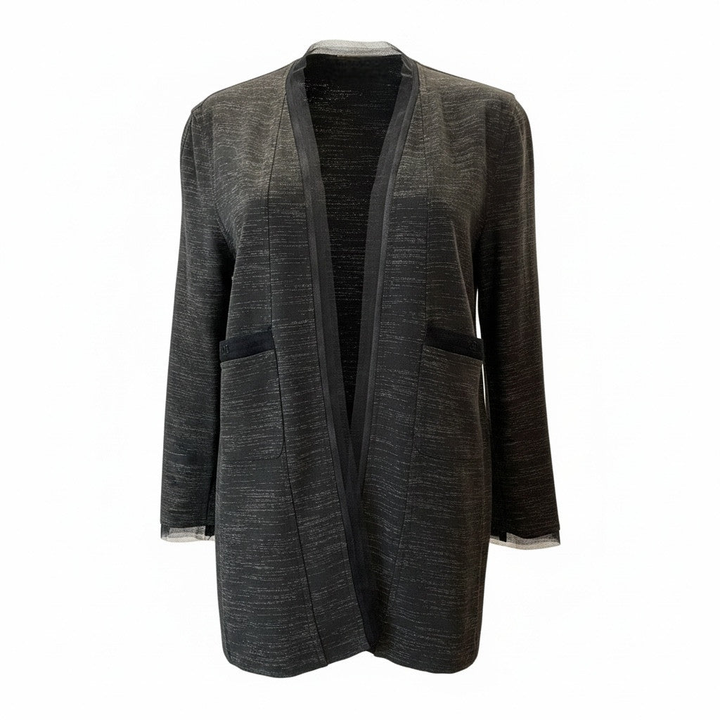 Chanel Grey and Black Metallic Trim Open Front Blazer - Size 40