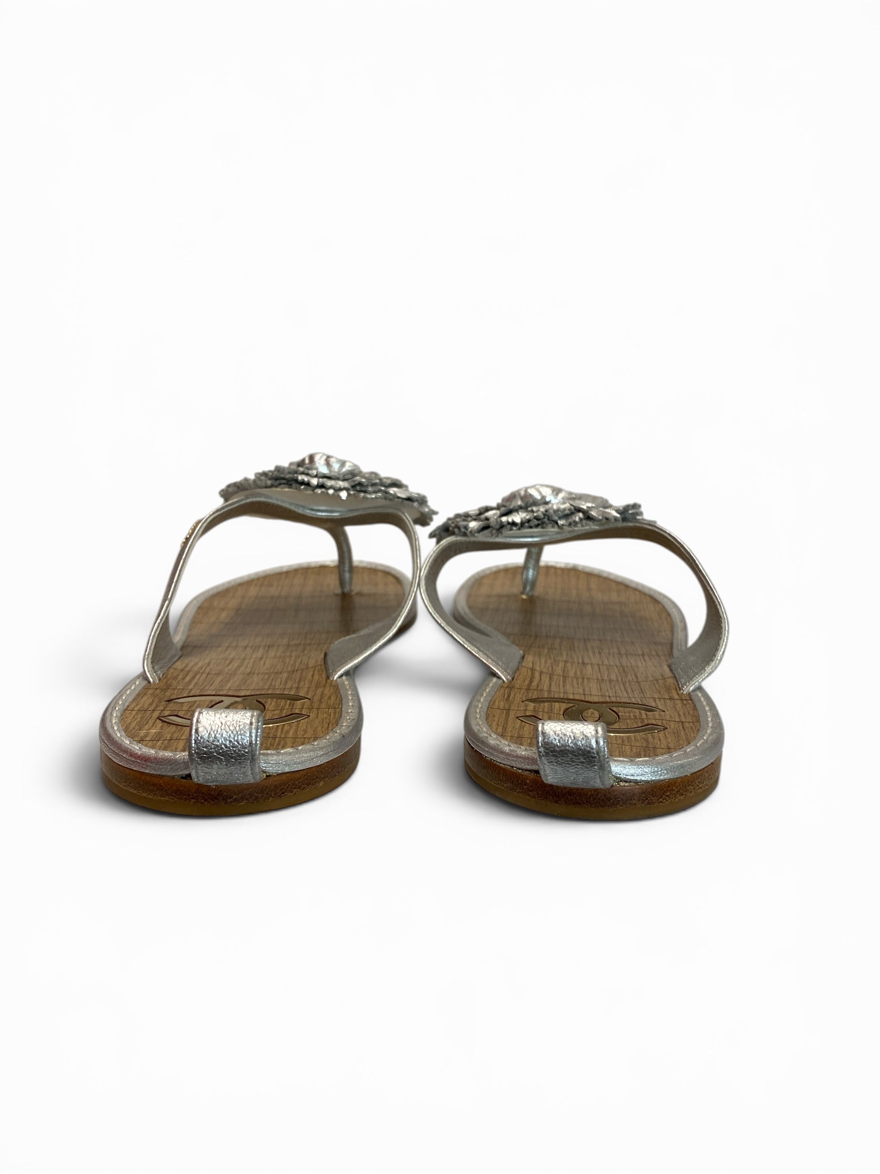 Chanel Camellia Flower Thong Sandals Metallic Silver – Size 40 (Full Set)