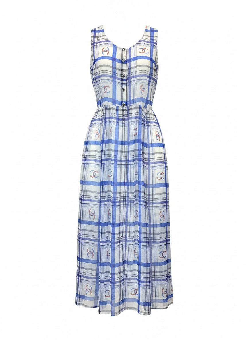 Chanel 23P Silk Maxi Dress Blue White Plaid CC Logo – Size 36