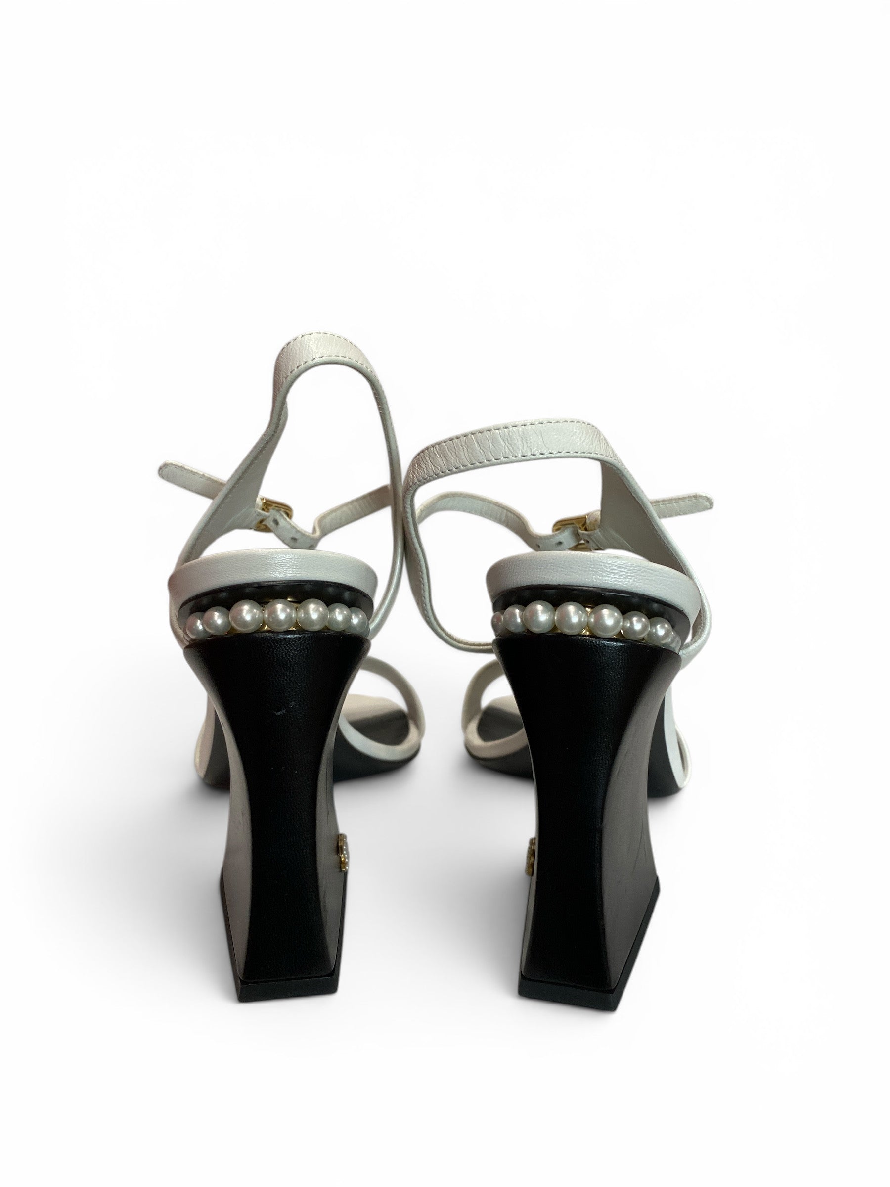 Chanel White Leather Sandals with Pearl Heel – Size 40.5 (With Box)