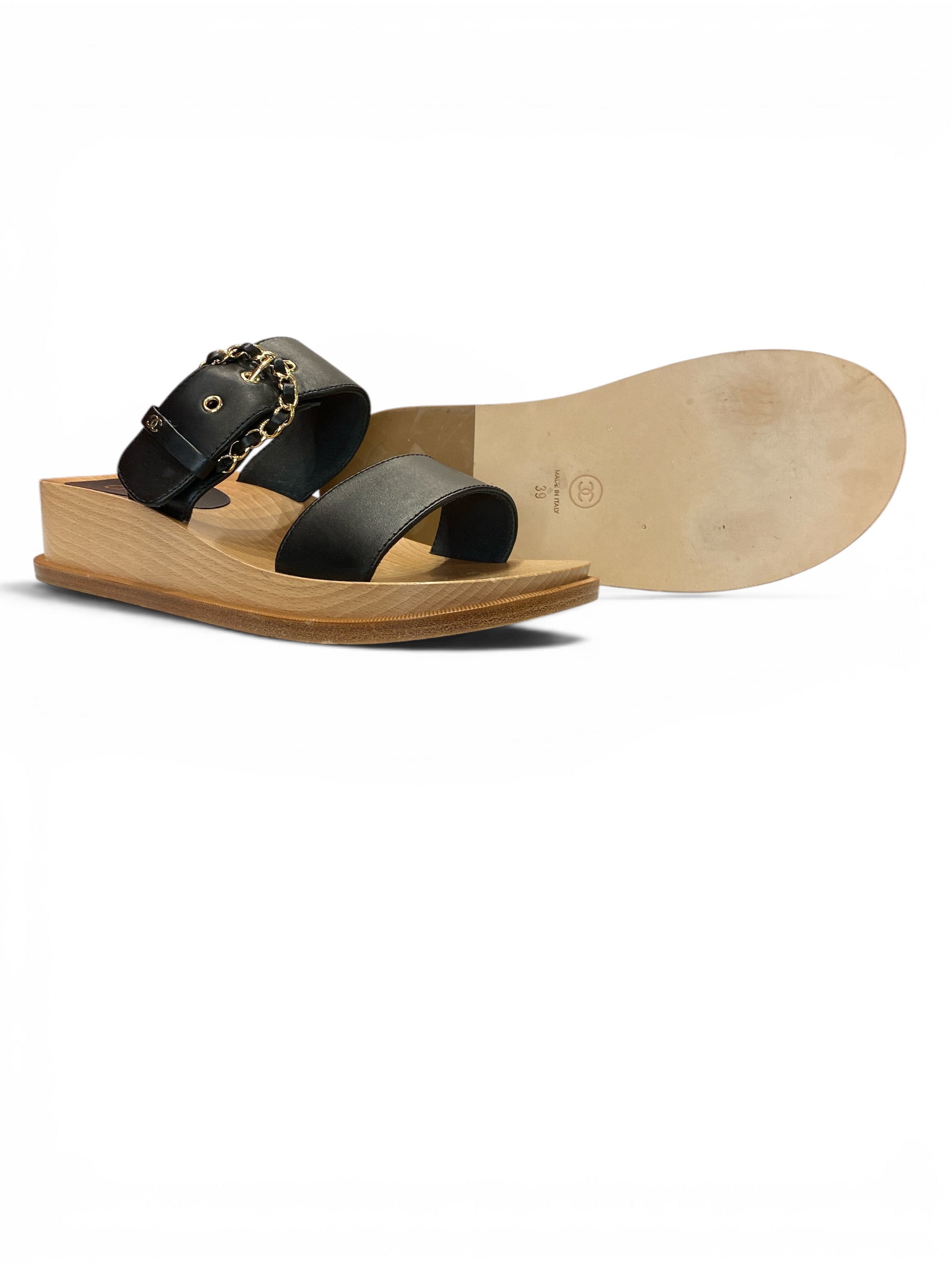 Chanel Black Leather Wood Platform Sandals - Size 39 - Brand New