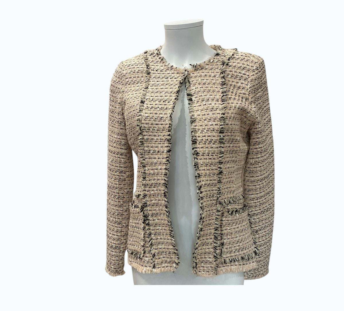 Forever New Tweed Bouclé Jacket Pink Black Frayed Trim Collarless - Size 8