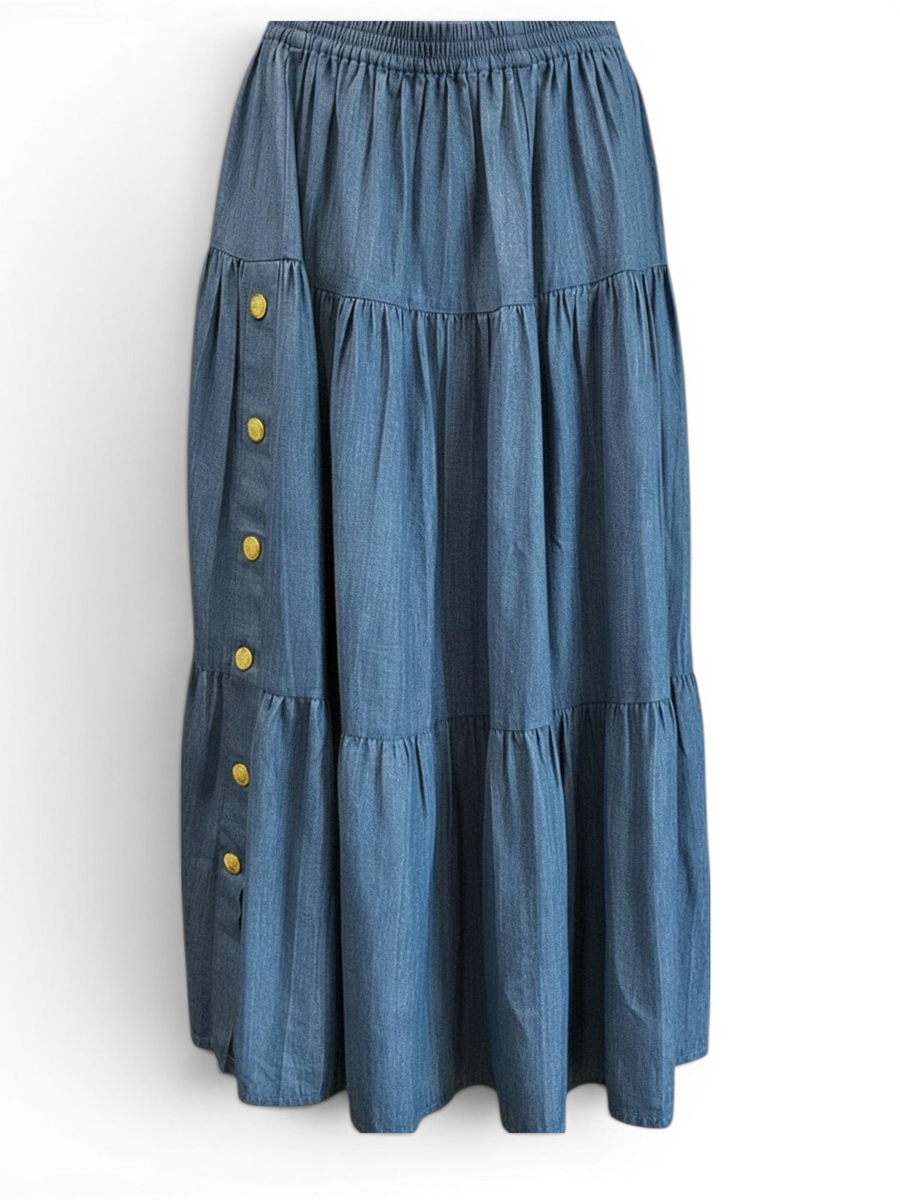 Gucci Denim Tiered Skirt with Gold Buttons – Size 38 | Luxury Casual Statement Skirt