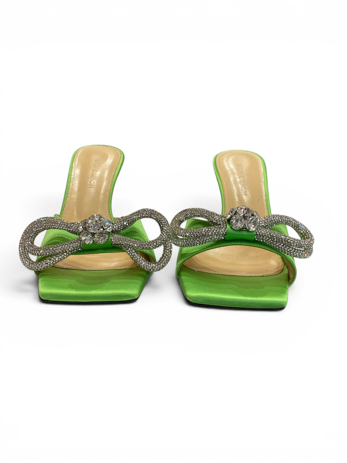 Mach & Mach Green Satin Crystal Double Bow Mules Size 39 New