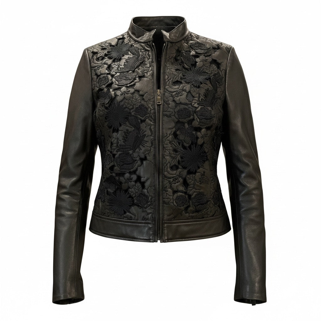 Valentino Garavani Black Floral Embroidered Leather Jacket - Size 12